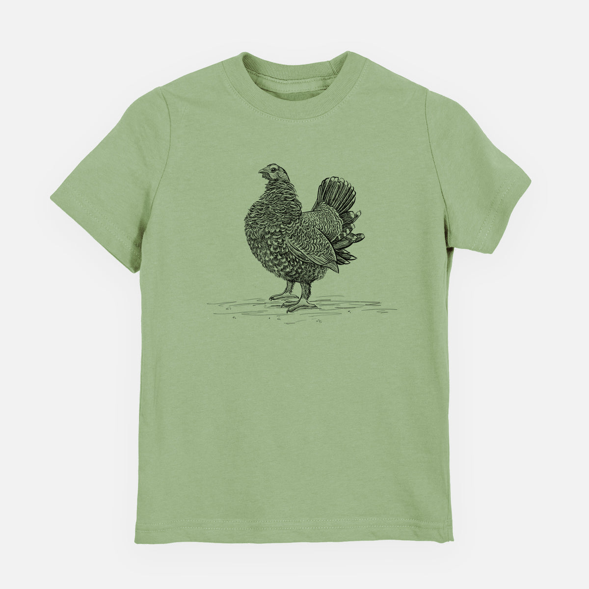 Sage green youth t-shirt laid flat, printed with a detailed black ink illustration of a spruce grouse standing with its tail fanned.