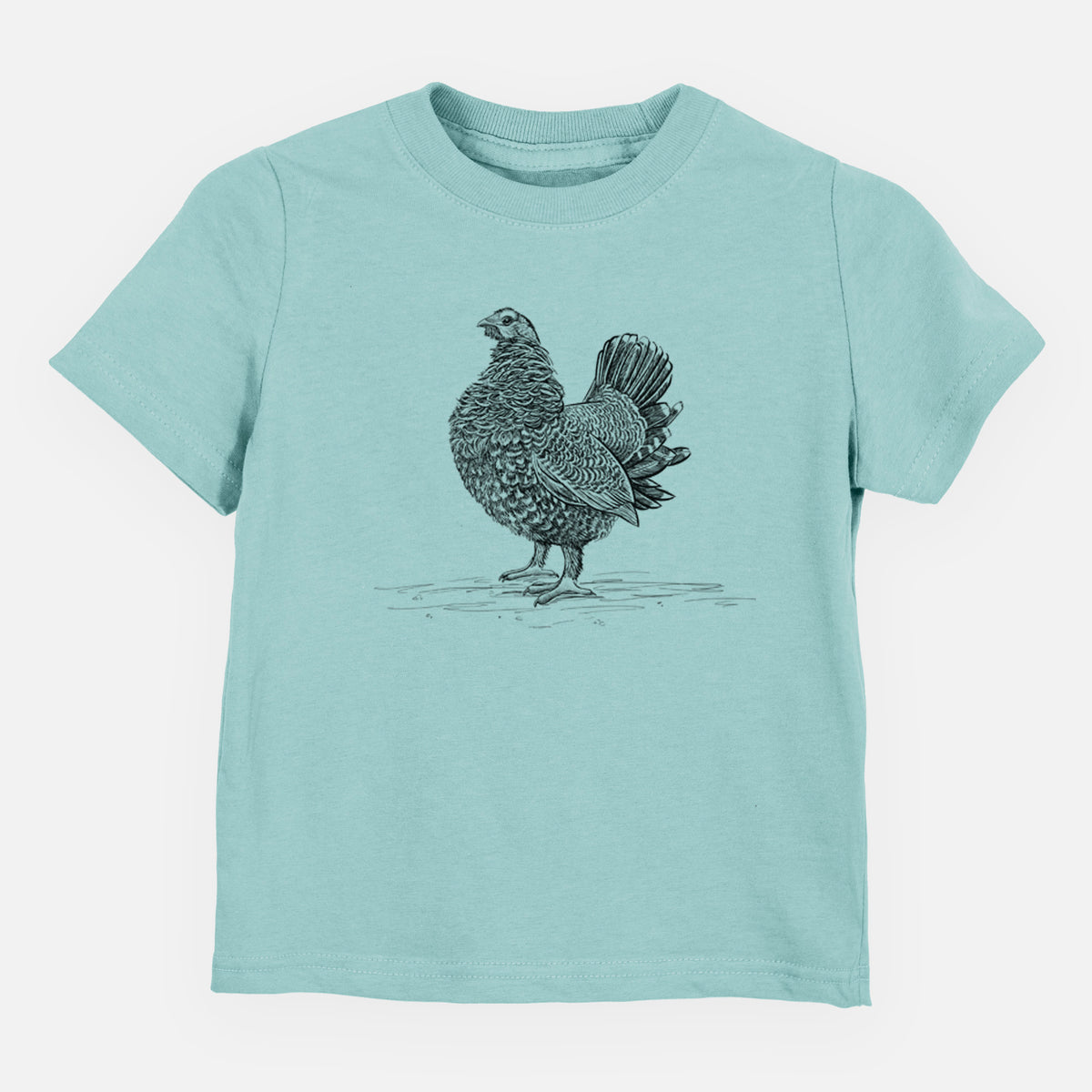 Saltwater toddler t-shirt laid flat, printed with a detailed black ink illustration of a spruce grouse standing with its tail fanned.