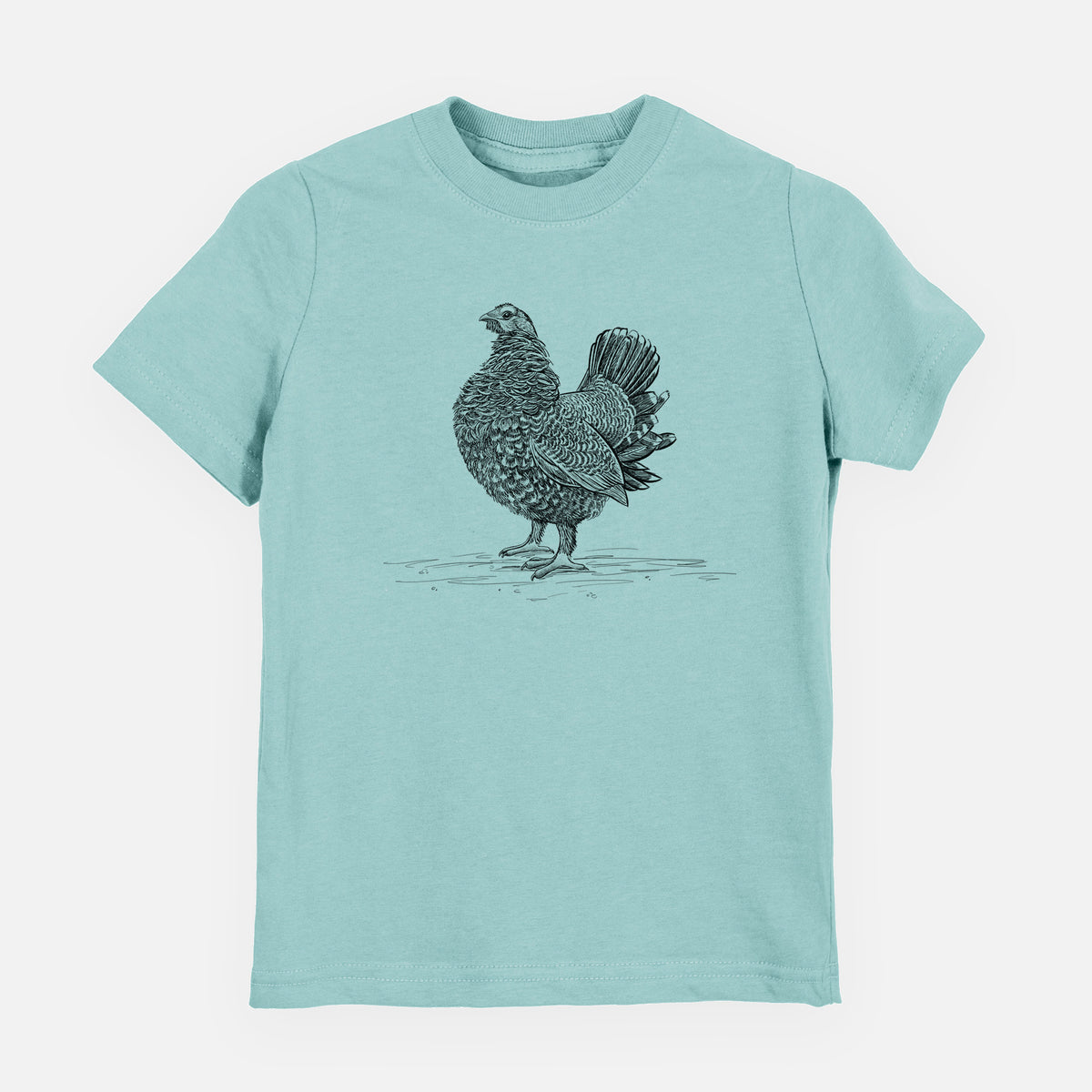 Saltwater youth t-shirt laid flat, printed with a detailed black ink illustration of a spruce grouse standing with its tail fanned.