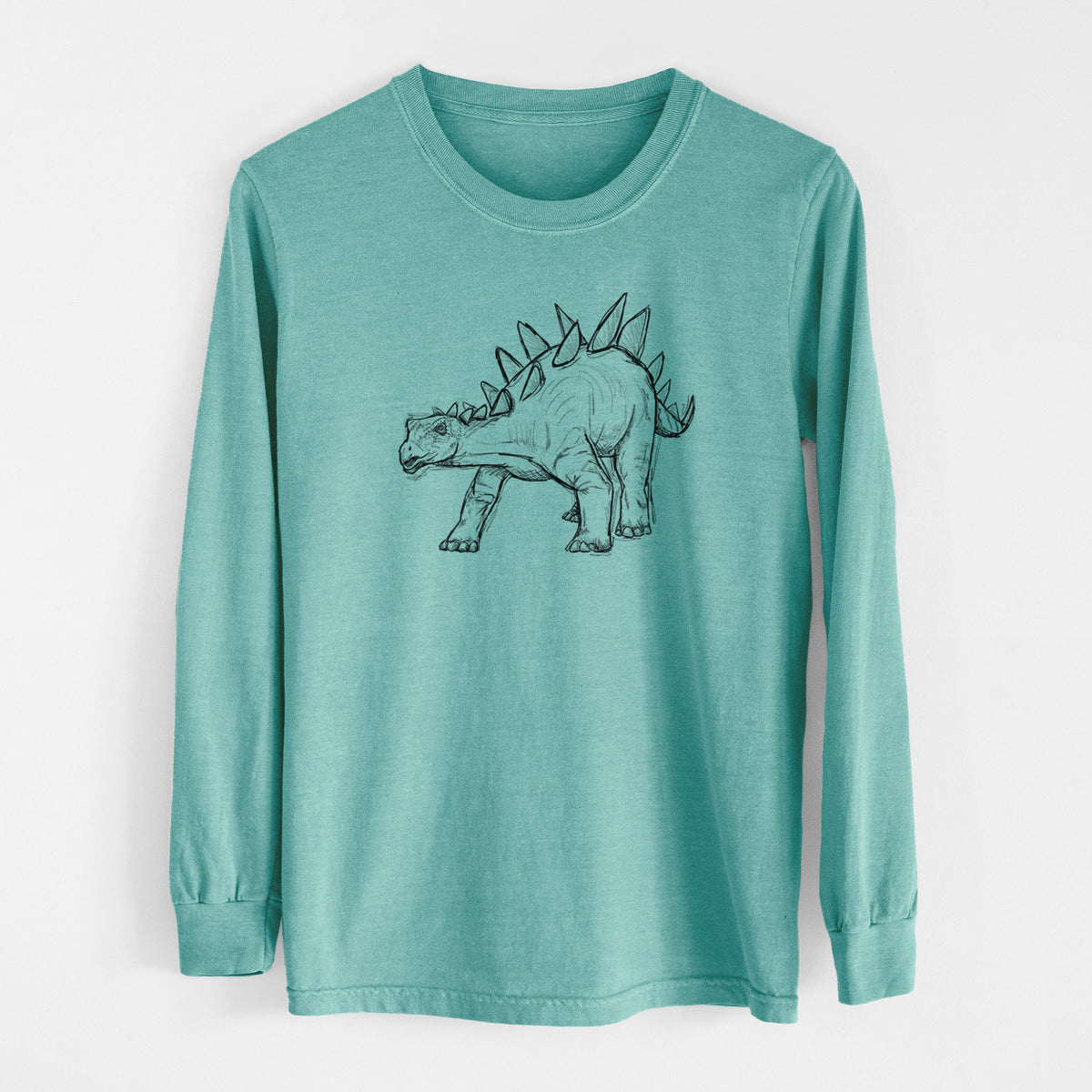 Reef green Comfort Colors long sleeve shirt laid flat, printed with a black ink illustration of a Stegosaurus with plates along its back.