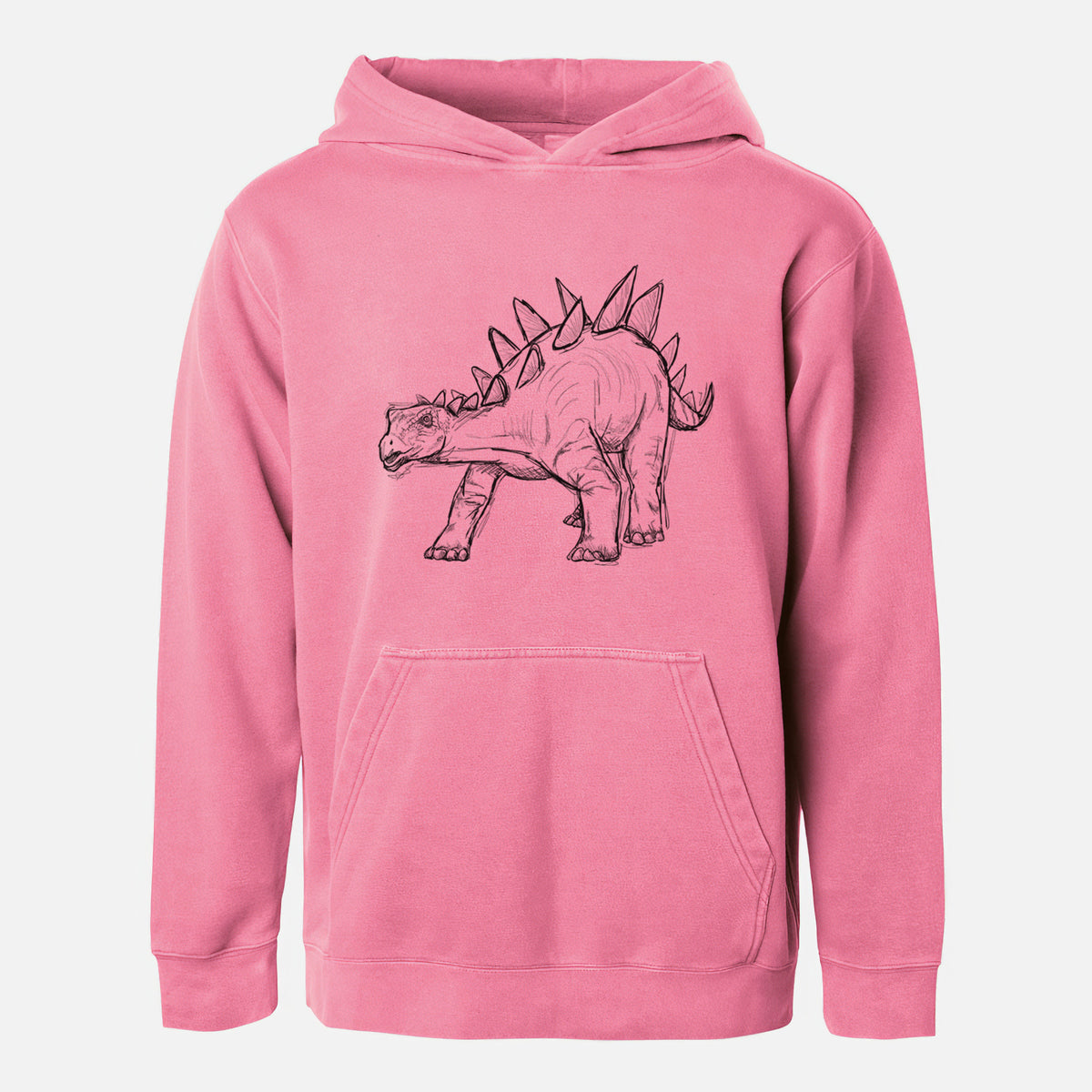 Pigment pink youth pigment dyed hoodie laid flat, printed with a black ink illustration of a Stegosaurus with plates along its back.