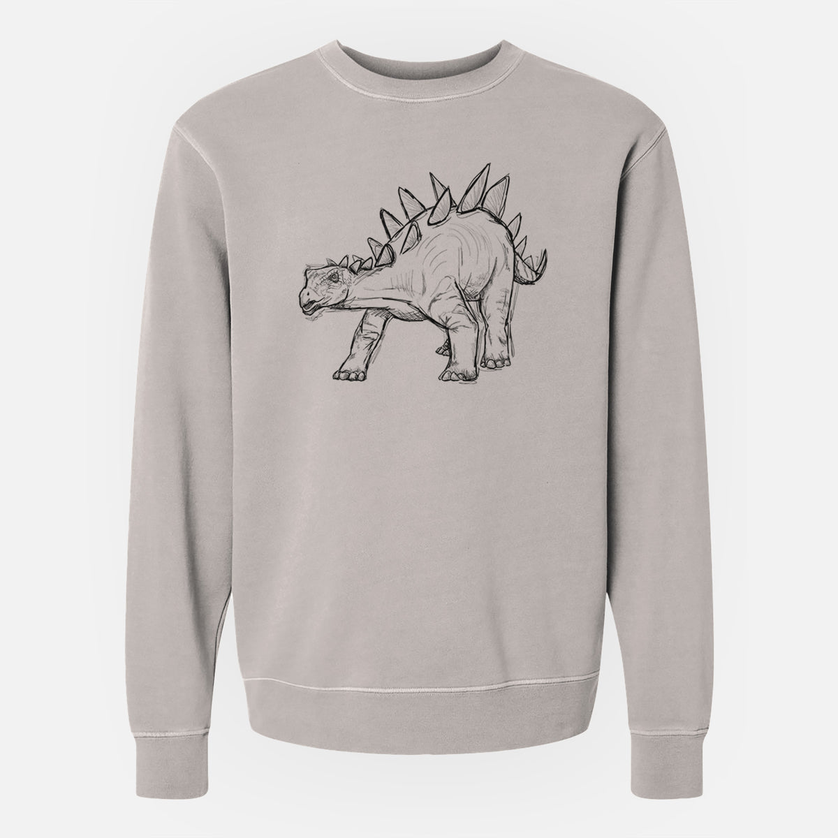 Cement grey pigment dyed crewneck sweatshirt laid flat, printed with a black ink illustration of a Stegosaurus with plates along its back.