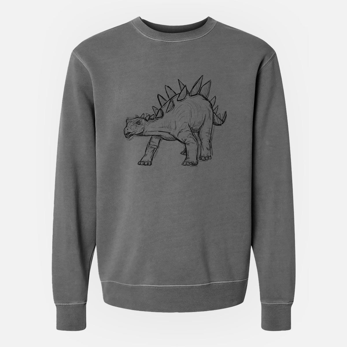 Faded black pigment dyed crewneck sweatshirt laid flat, printed with a black ink illustration of a Stegosaurus with plates along its back.