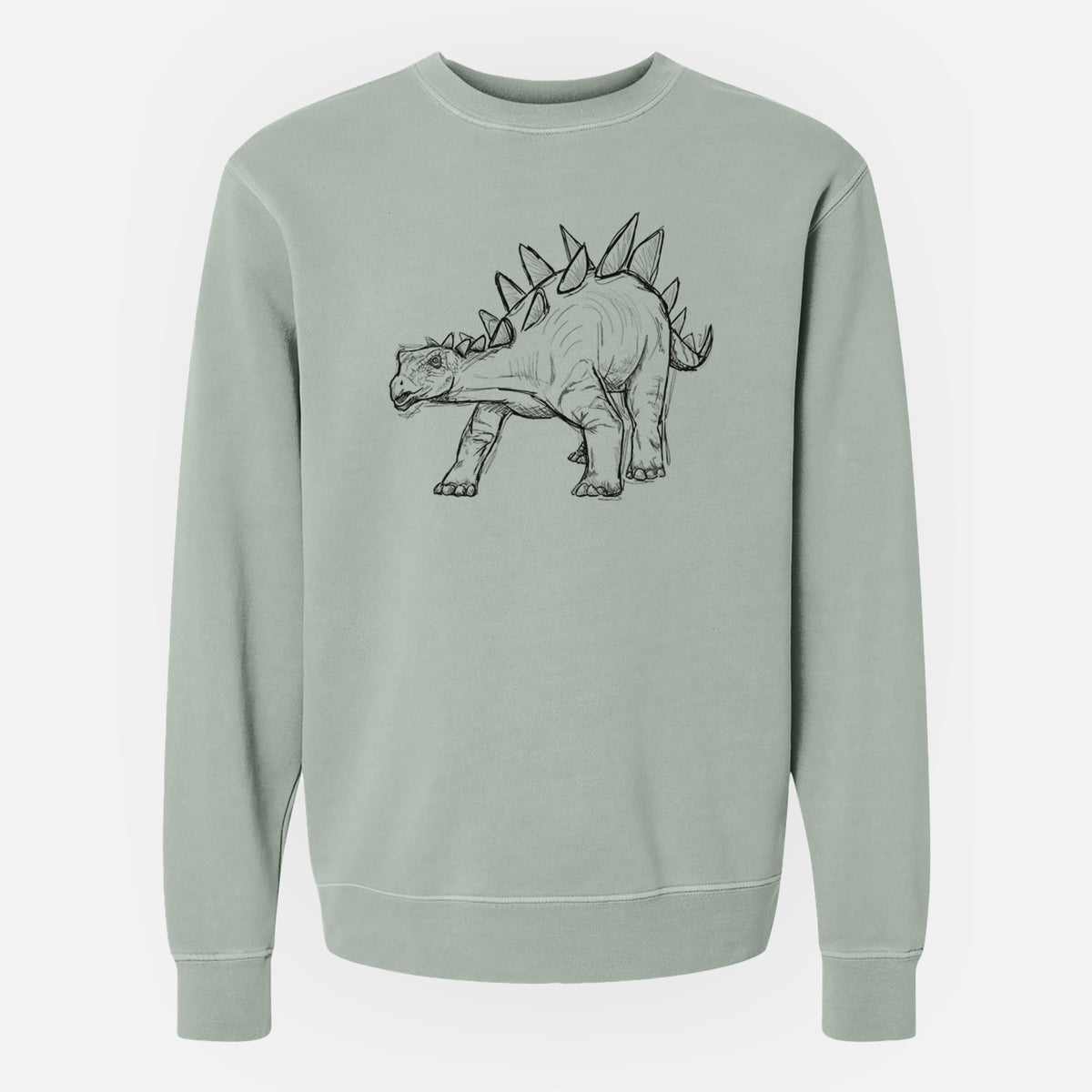 Sage green pigment dyed crewneck sweatshirt laid flat, printed with a black ink illustration of a Stegosaurus with plates along its back.