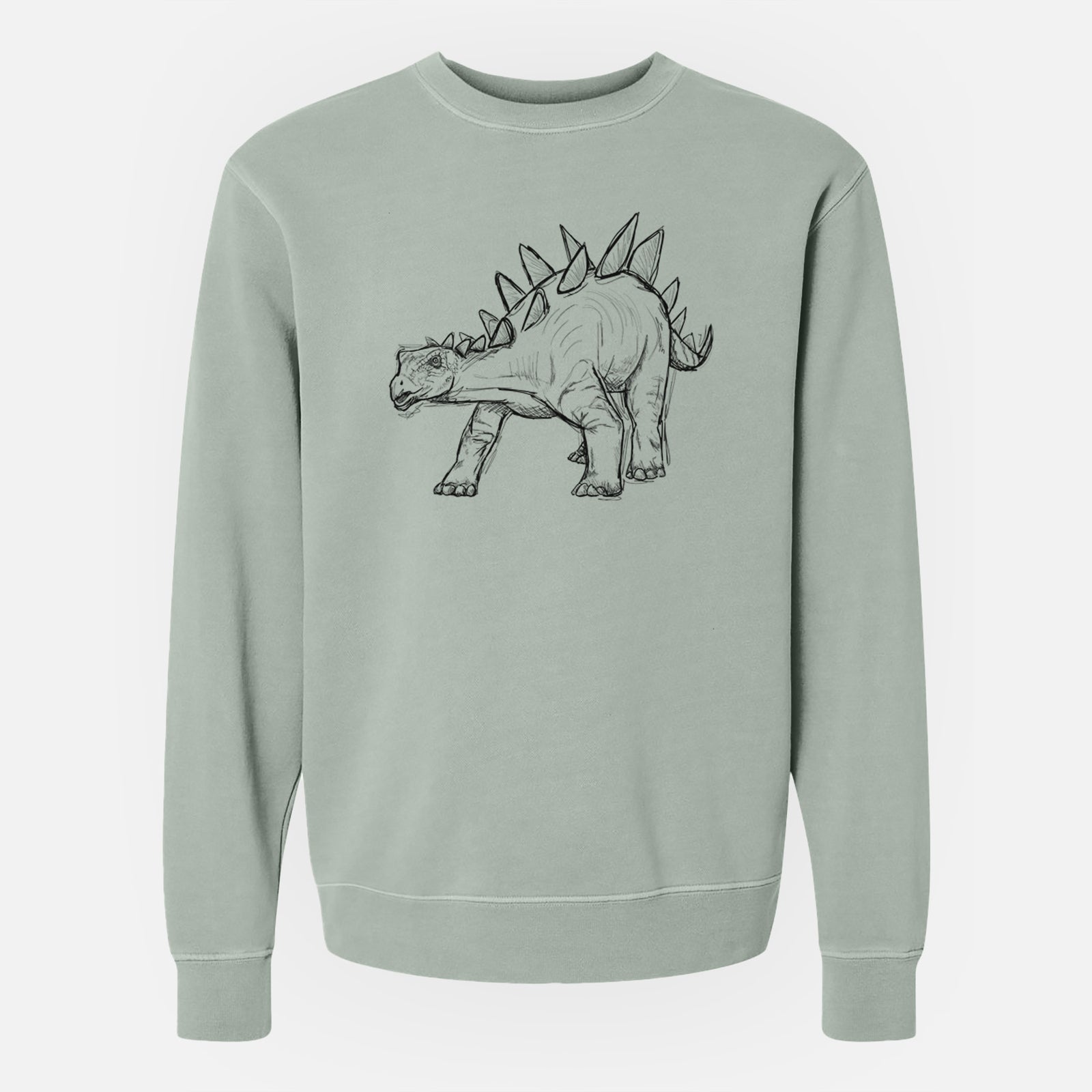 Sage green pigment dyed crewneck sweatshirt laid flat, printed with a black ink illustration of a Stegosaurus with plates along its back.