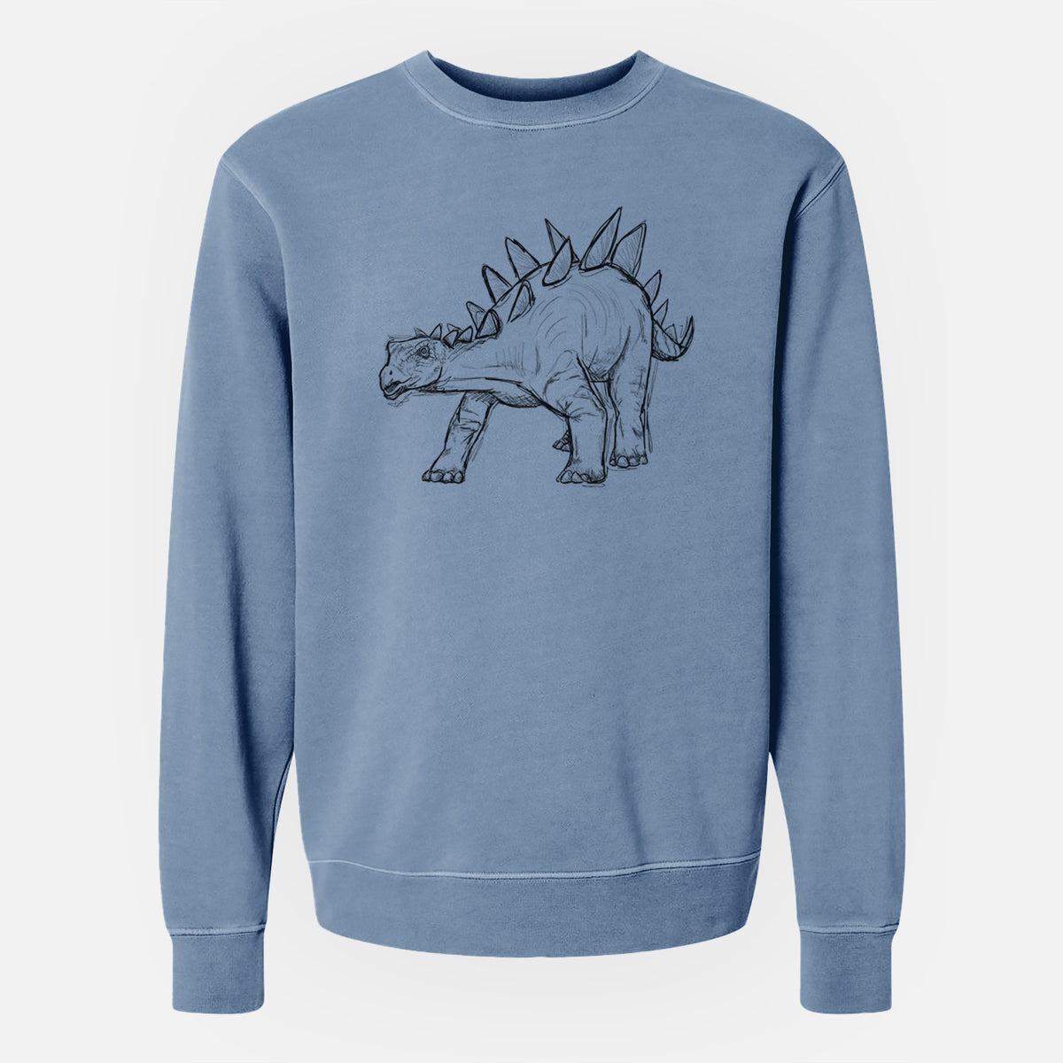 Slate blue pigment dyed crewneck sweatshirt laid flat, printed with a black ink illustration of a Stegosaurus with plates along its back.