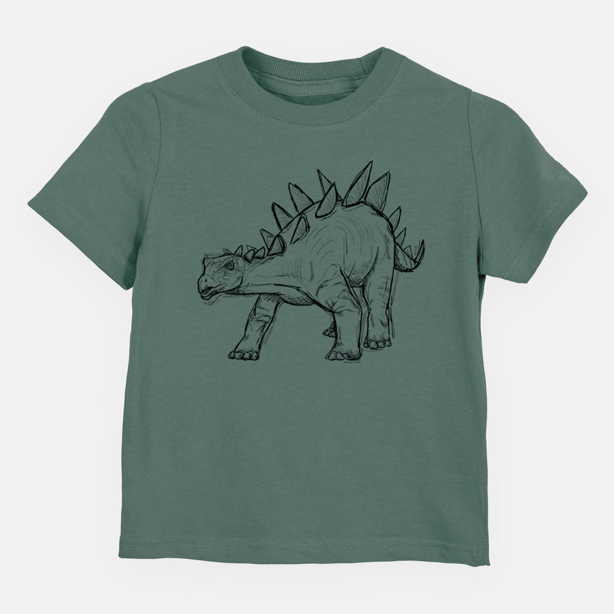 Basil green toddler t-shirt laid flat, printed with a black ink illustration of a Stegosaurus with plates along its back.