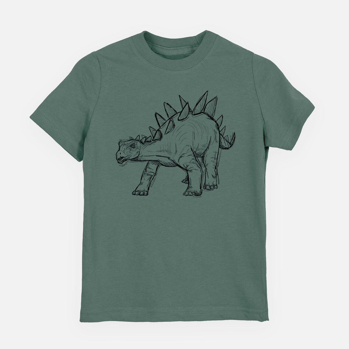 Basil green youth t-shirt laid flat, printed with a black ink illustration of a Stegosaurus with plates along its back.