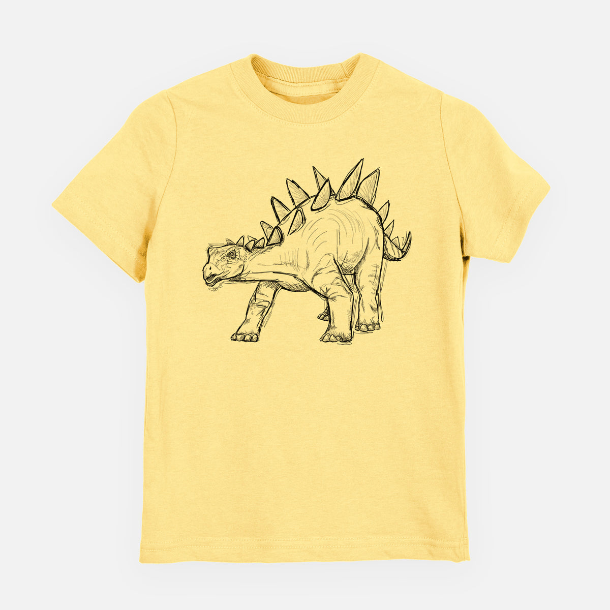 Butter yellow youth t-shirt laid flat, printed with a black ink illustration of a Stegosaurus with plates along its back.