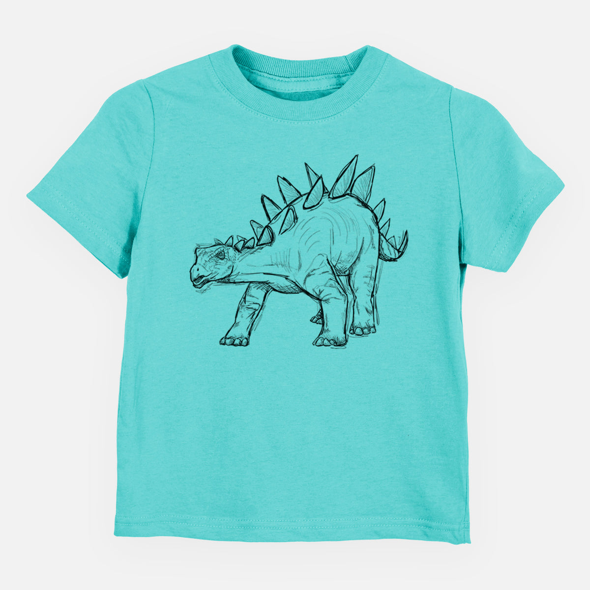 Caribbean blue toddler t-shirt laid flat, printed with a black ink illustration of a Stegosaurus with plates along its back.