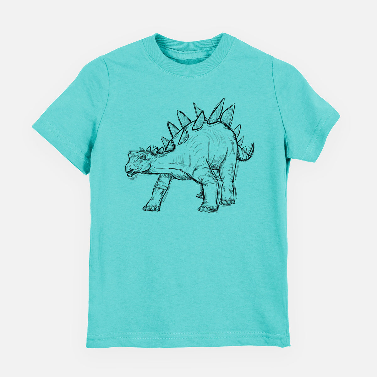 Caribbean blue youth t-shirt laid flat, printed with a black ink illustration of a Stegosaurus with plates along its back.