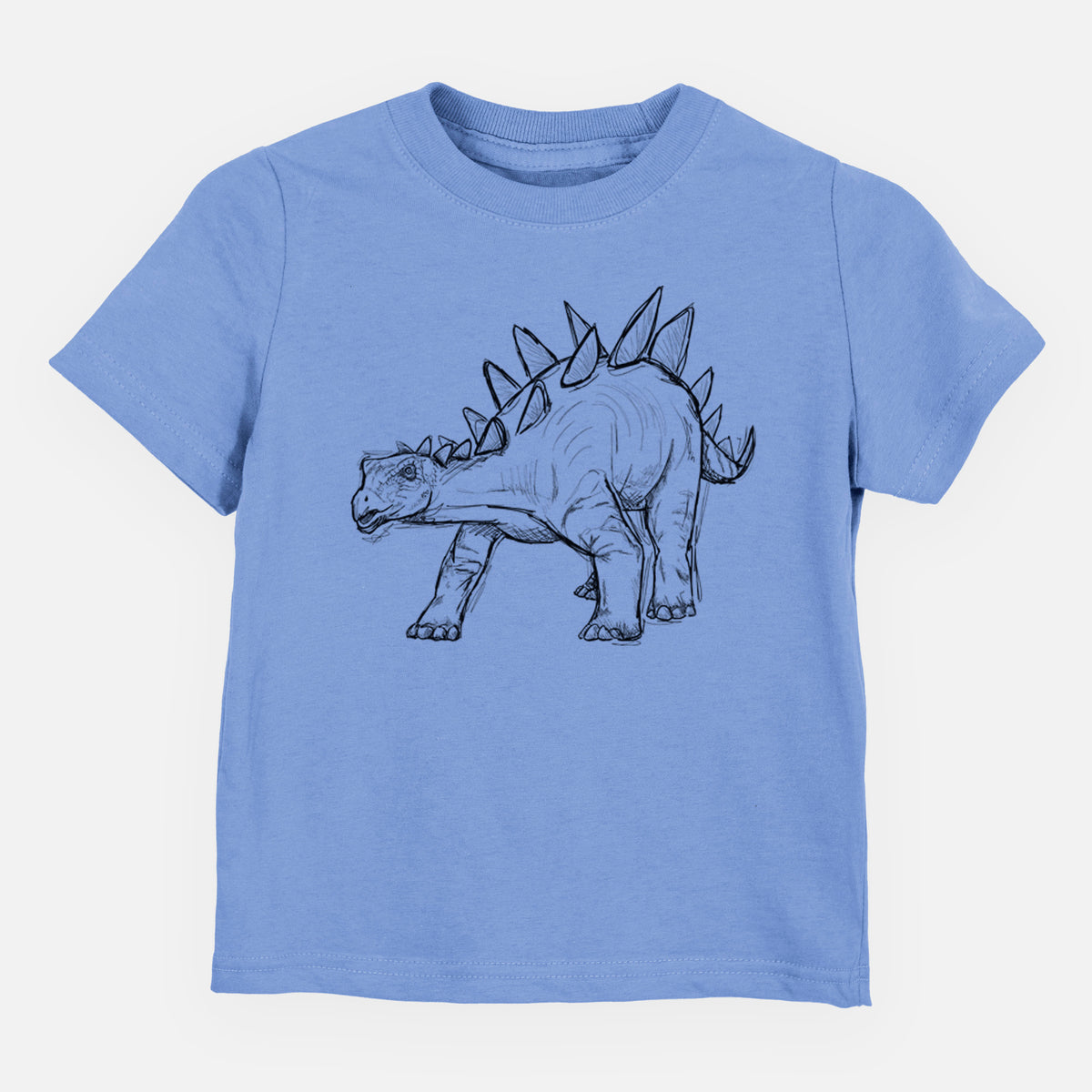 Carolina blue toddler t-shirt laid flat, printed with a black ink illustration of a Stegosaurus with plates along its back.