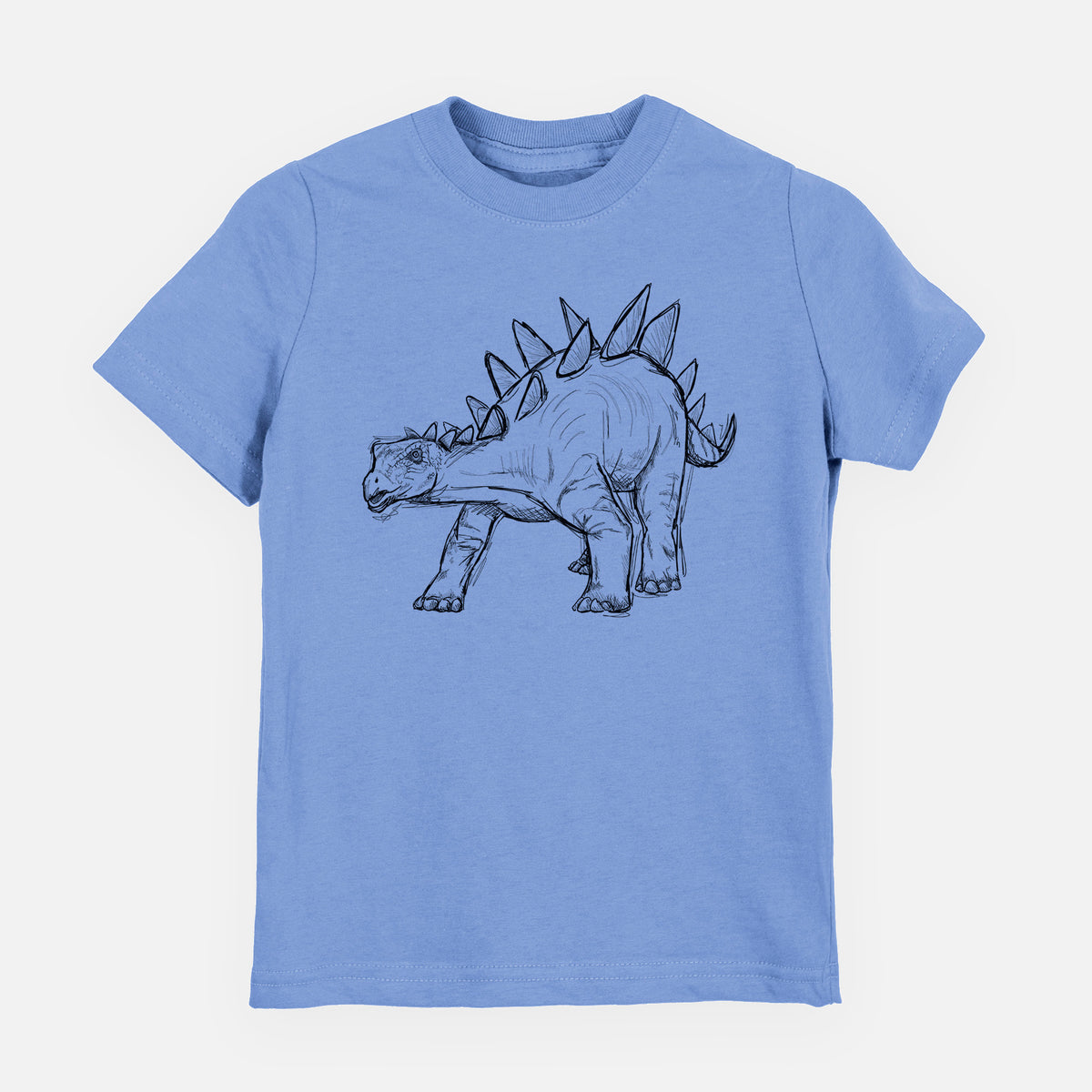 Carolina blue youth t-shirt laid flat, printed with a black ink illustration of a Stegosaurus with plates along its back.