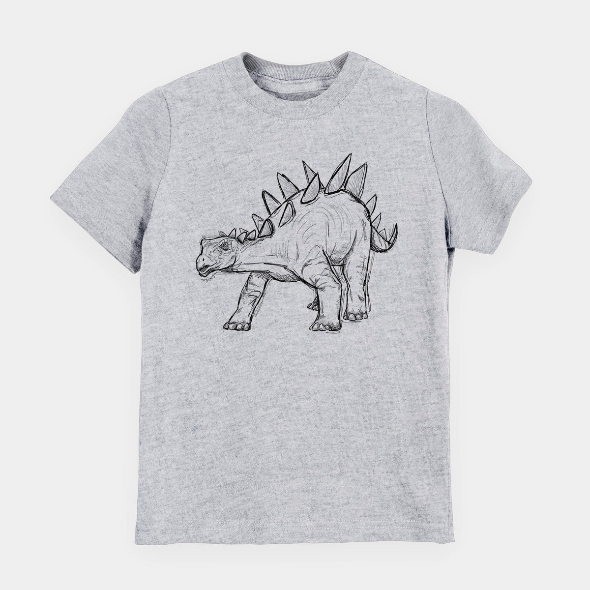 Heather grey youth t-shirt laid flat, printed with a black ink illustration of a Stegosaurus with plates along its back.