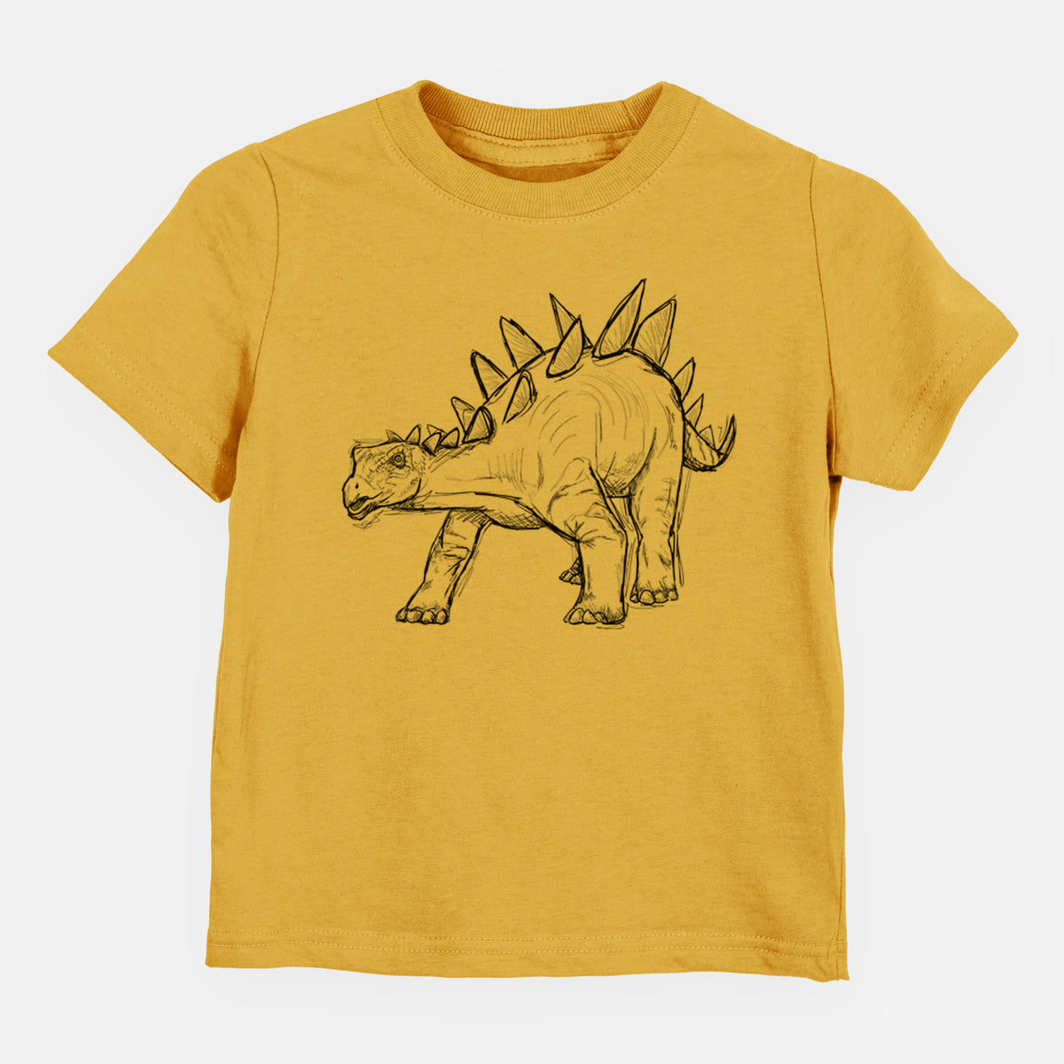 Honeycomb yellow toddler t-shirt laid flat, printed with a black ink illustration of a Stegosaurus with plates along its back.