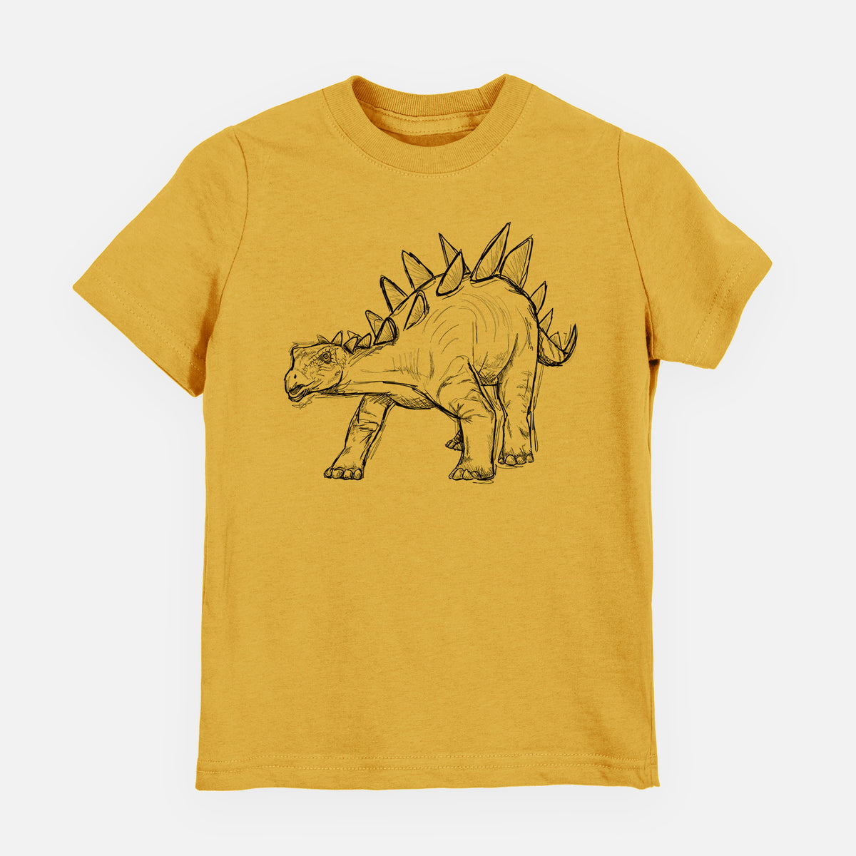 Honeycomb yellow youth t-shirt laid flat, printed with a black ink illustration of a Stegosaurus with plates along its back.