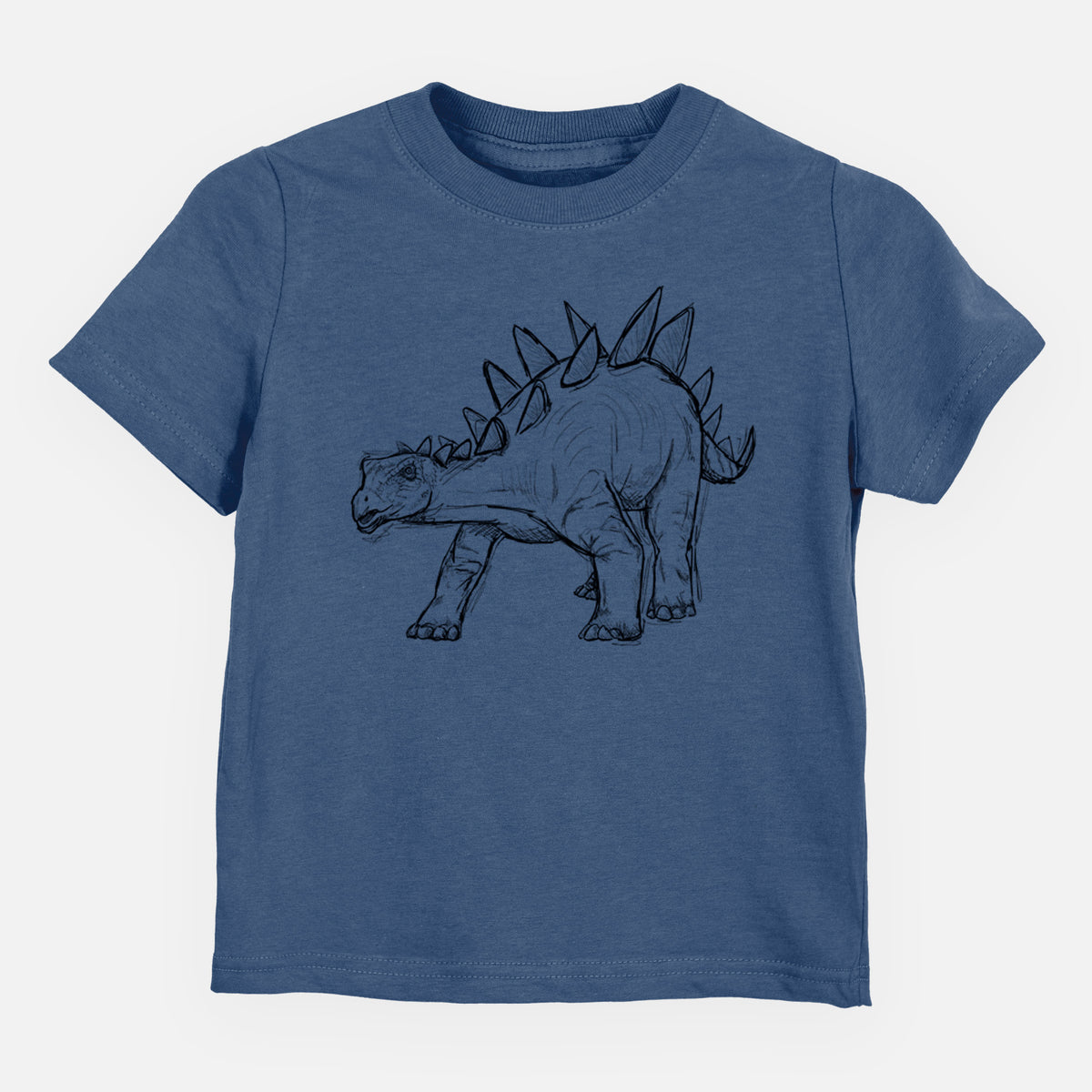 Indigo blue toddler t-shirt laid flat, printed with a black ink illustration of a Stegosaurus with plates along its back.