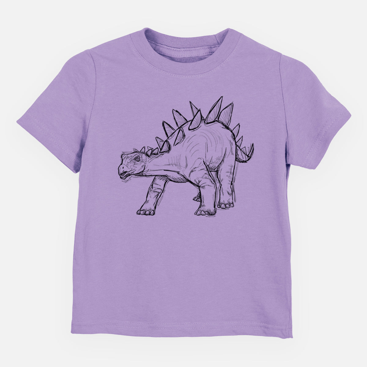 Lavender toddler t-shirt laid flat, printed with a black ink illustration of a Stegosaurus with plates along its back.
