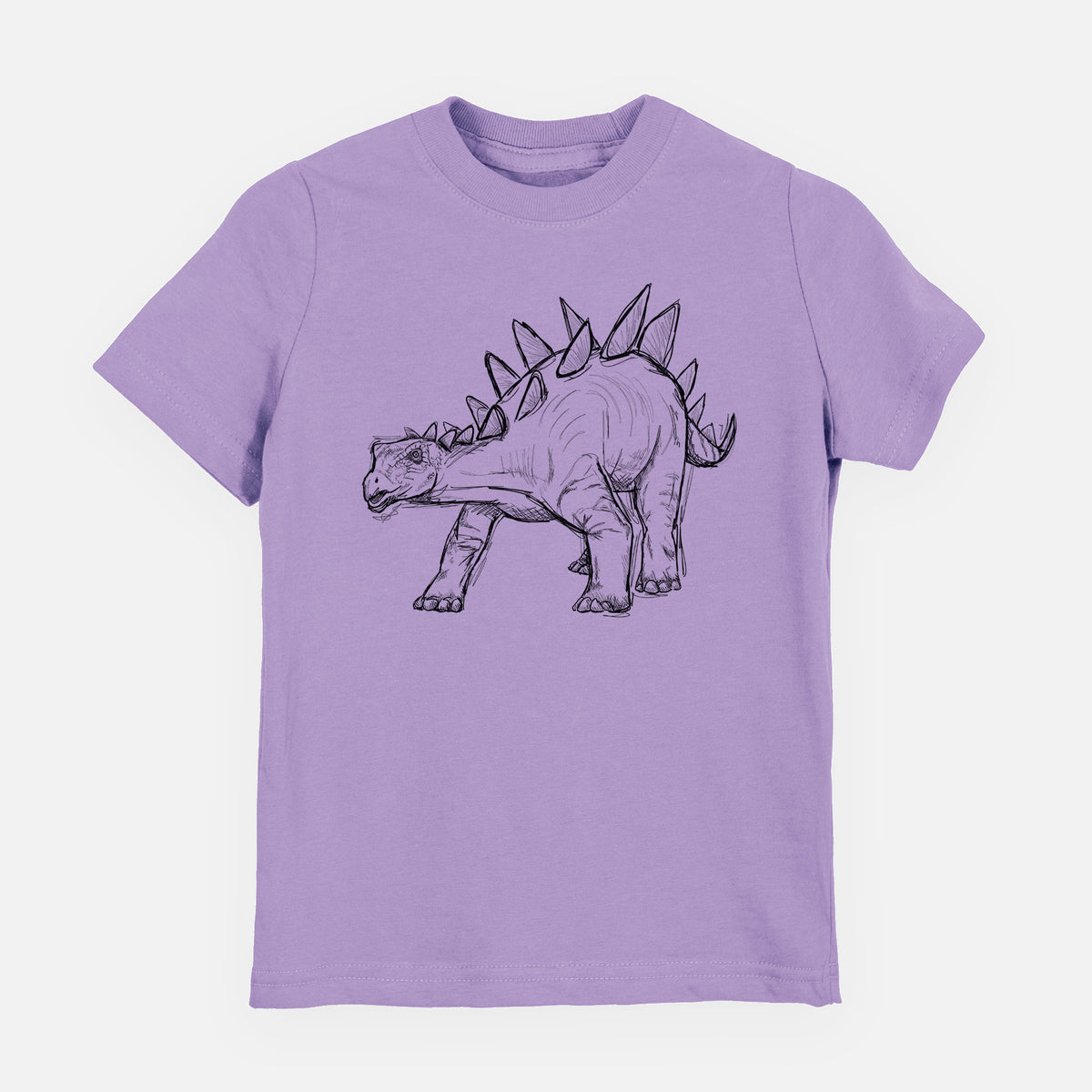 Lavender youth t-shirt laid flat, printed with a black ink illustration of a Stegosaurus with plates along its back.