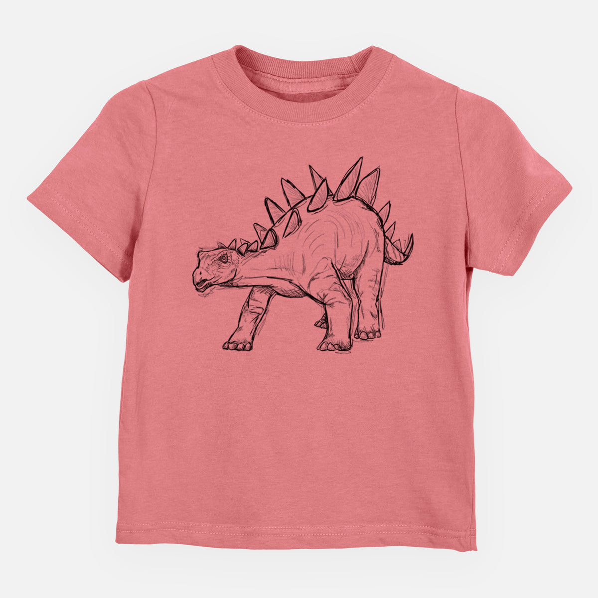 Mauve pink toddler t-shirt laid flat, printed with a black ink illustration of a Stegosaurus with plates along its back.