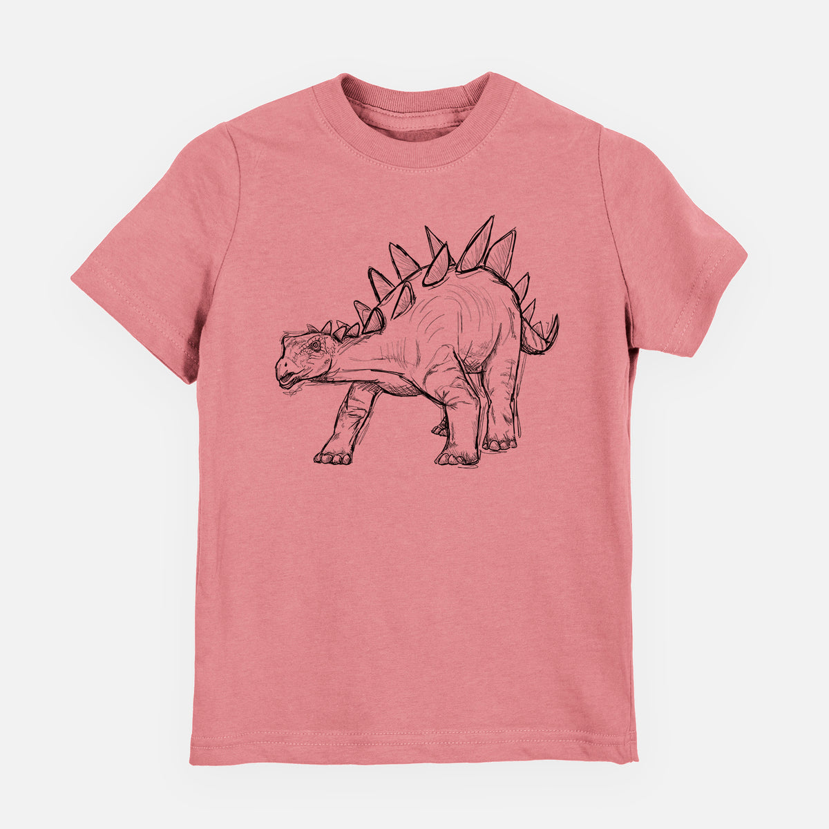 Mauve pink youth t-shirt laid flat, printed with a black ink illustration of a Stegosaurus with plates along its back.