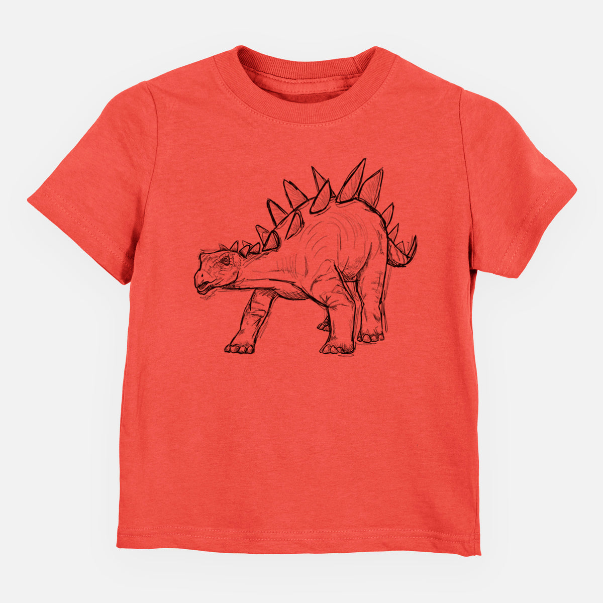 Passionfruit pink toddler t-shirt laid flat, printed with a black ink illustration of a Stegosaurus with plates along its back.