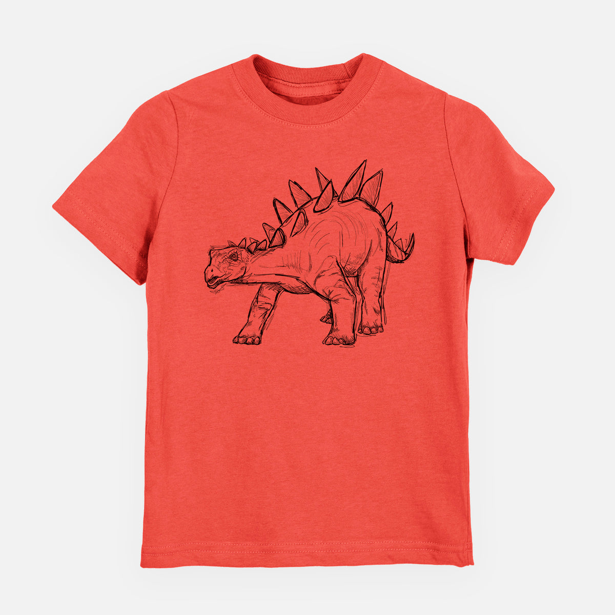 Passionfruit pink youth t-shirt laid flat, printed with a black ink illustration of a Stegosaurus with plates along its back.