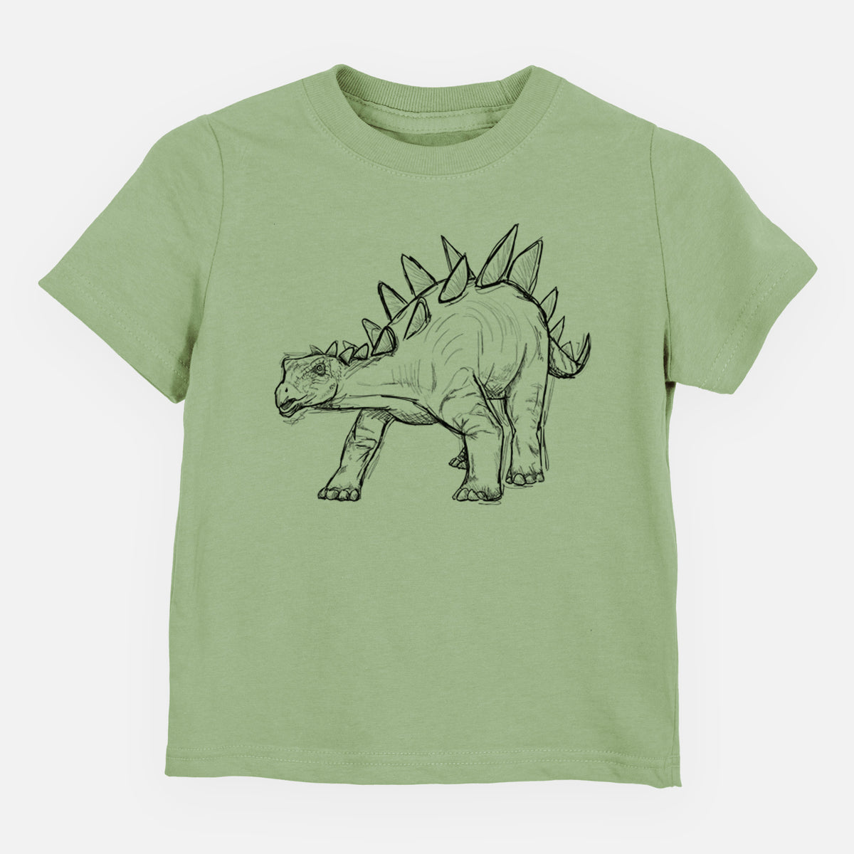 Sage green toddler t-shirt laid flat, printed with a black ink illustration of a Stegosaurus with plates along its back.