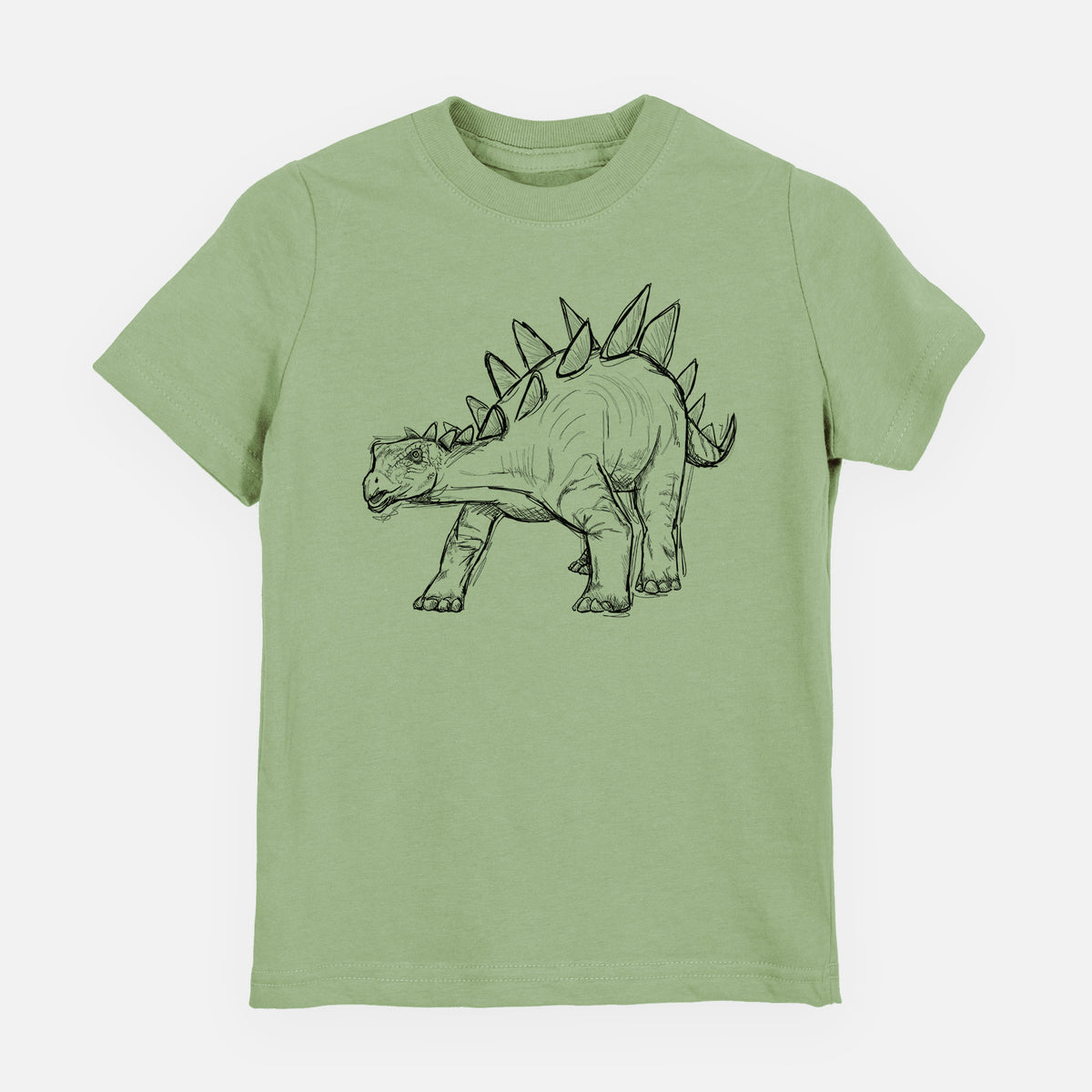 Sage green youth t-shirt laid flat, printed with a black ink illustration of a Stegosaurus with plates along its back.