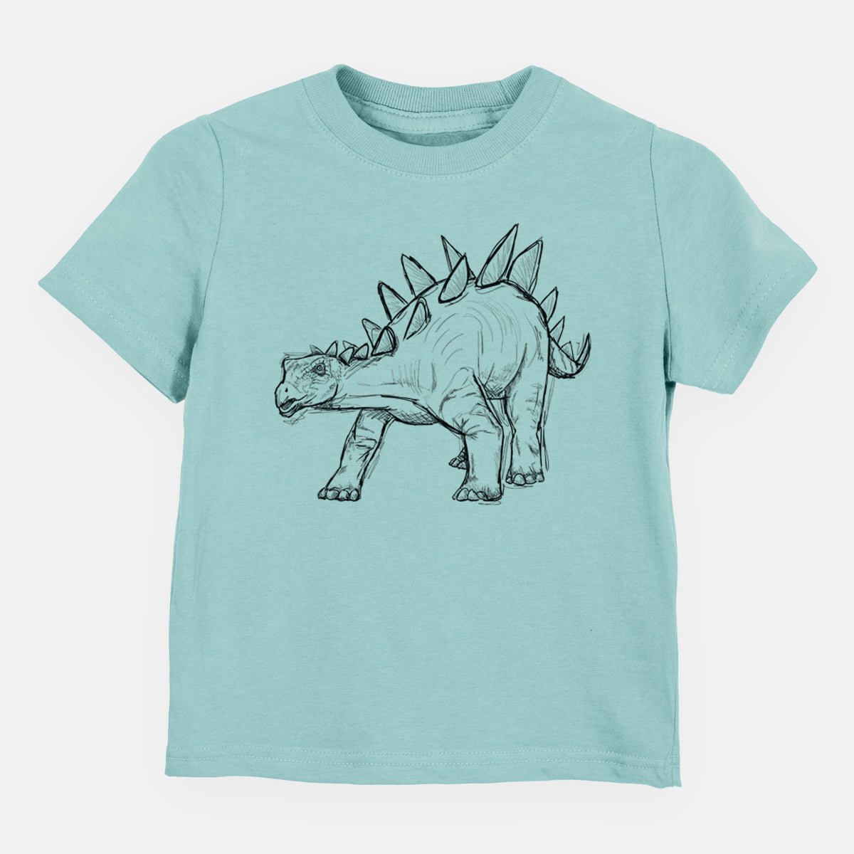 Saltwater toddler t-shirt laid flat, printed with a black ink illustration of a Stegosaurus with plates along its back.