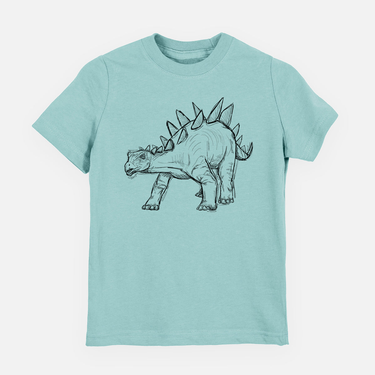 Saltwater youth t-shirt laid flat, printed with a black ink illustration of a Stegosaurus with plates along its back.