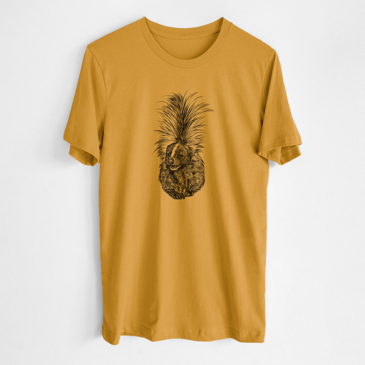 Honeycomb yellow lightweight cotton t-shirt laid flat, printed with a detailed black ink illustration of a striped skunk with its tail raised.