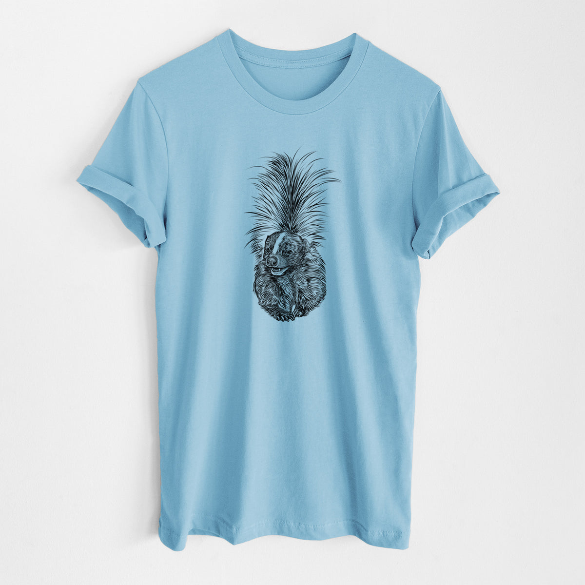 Ocean blue lightweight cotton t-shirt laid flat, printed with a detailed black ink illustration of a striped skunk with its tail raised.