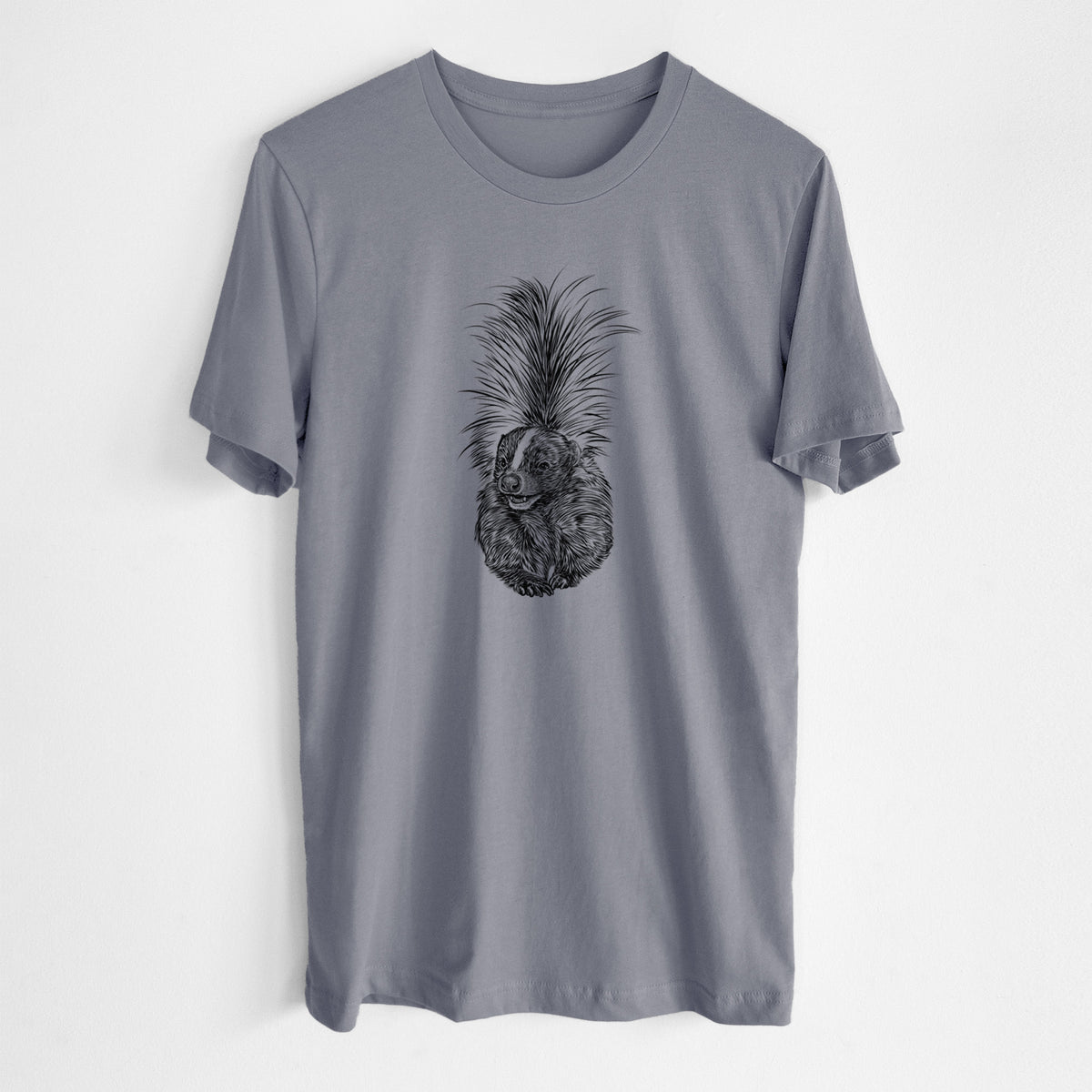 Storm grey lightweight cotton t-shirt laid flat, printed with a detailed black ink illustration of a striped skunk with its tail raised.