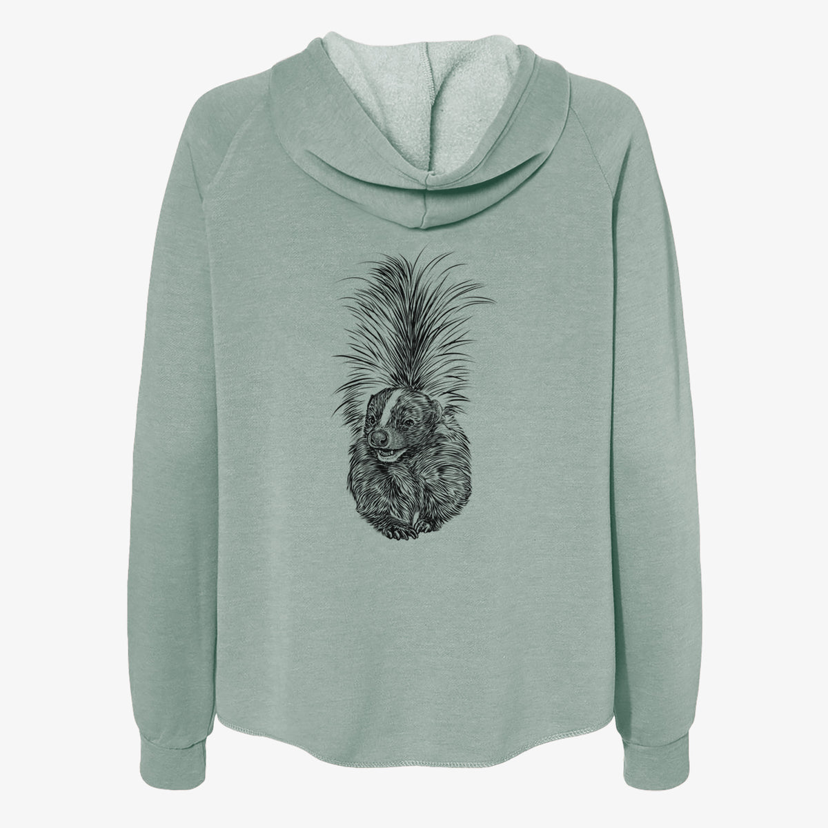 Sage green women's Cali Wave zip-up sweatshirt laid flat, printed with a detailed black ink illustration of a striped skunk with its tail raised.
