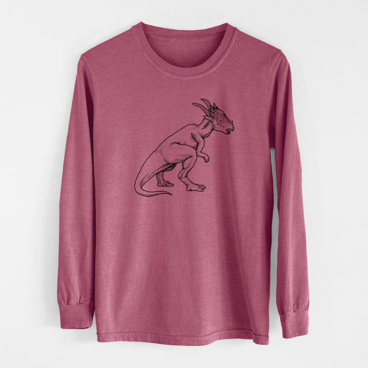 Crimson Comfort Colors long sleeve shirt laid flat, printed with a black ink illustration of a Stygimoloch dinosaur with a spiky domed head.