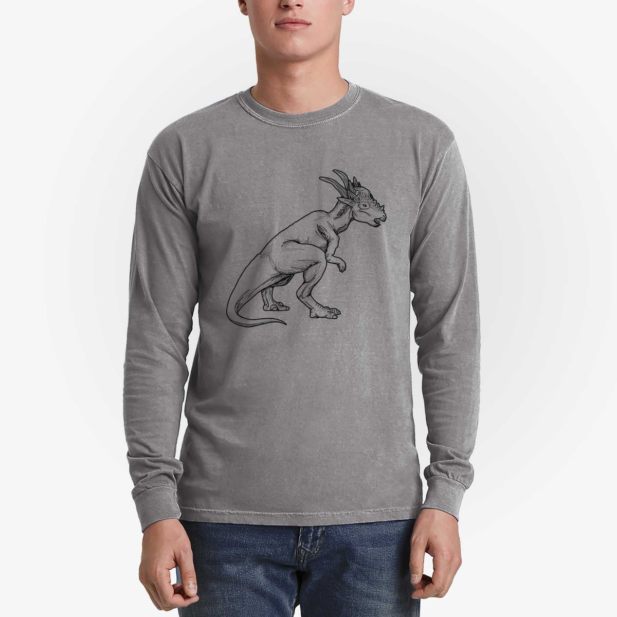 Man wearing a grey Comfort Colors long sleeve shirt printed with a black ink illustration of a Stygimoloch dinosaur with a spiky domed head.