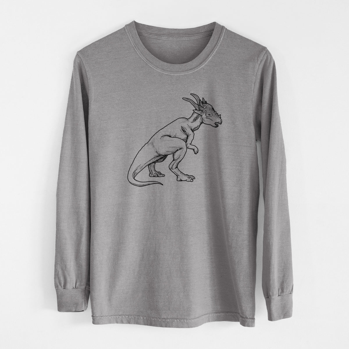 Grey Comfort Colors long sleeve shirt laid flat, printed with a black ink illustration of a Stygimoloch dinosaur with a spiky domed head.
