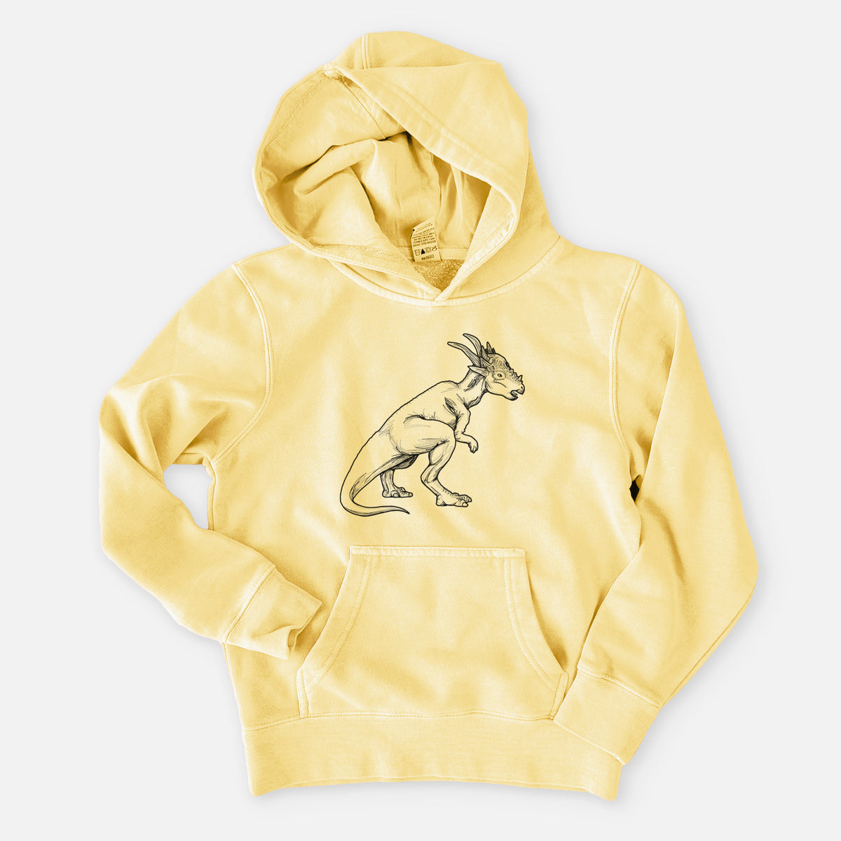 Pigment yellow youth pigment dyed hoodie laid flat, printed with a black ink illustration of a Stygimoloch dinosaur with a spiky domed head.
