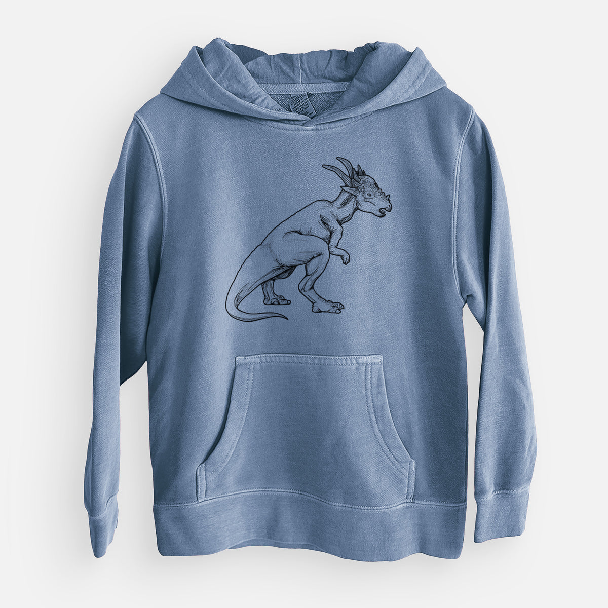 Slate blue youth pigment dyed hoodie laid flat, printed with a black ink illustration of a Stygimoloch dinosaur with a spiky domed head.