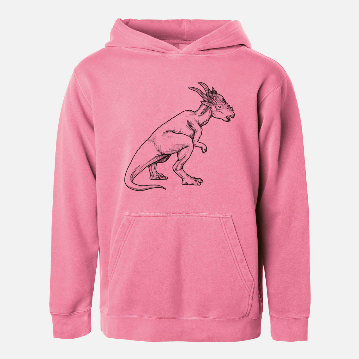 Pigment pink youth pigment dyed hoodie laid flat, printed with a black ink illustration of a Stygimoloch dinosaur with a spiky domed head.