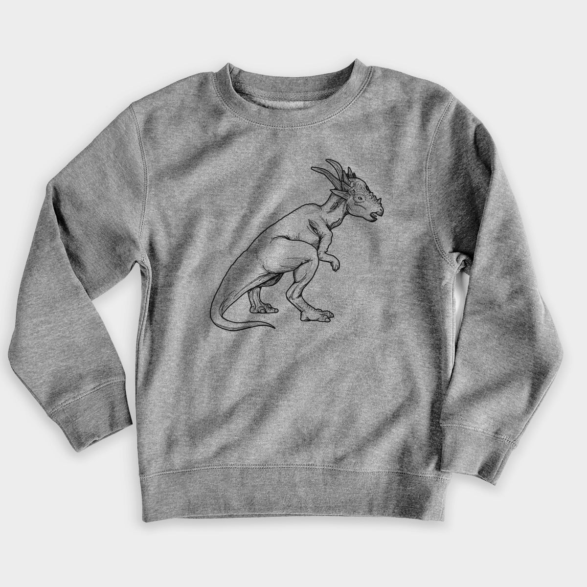 Nickel grey youth crewneck sweatshirt laid flat, printed with a black ink illustration of a Stygimoloch dinosaur with a spiky domed head.