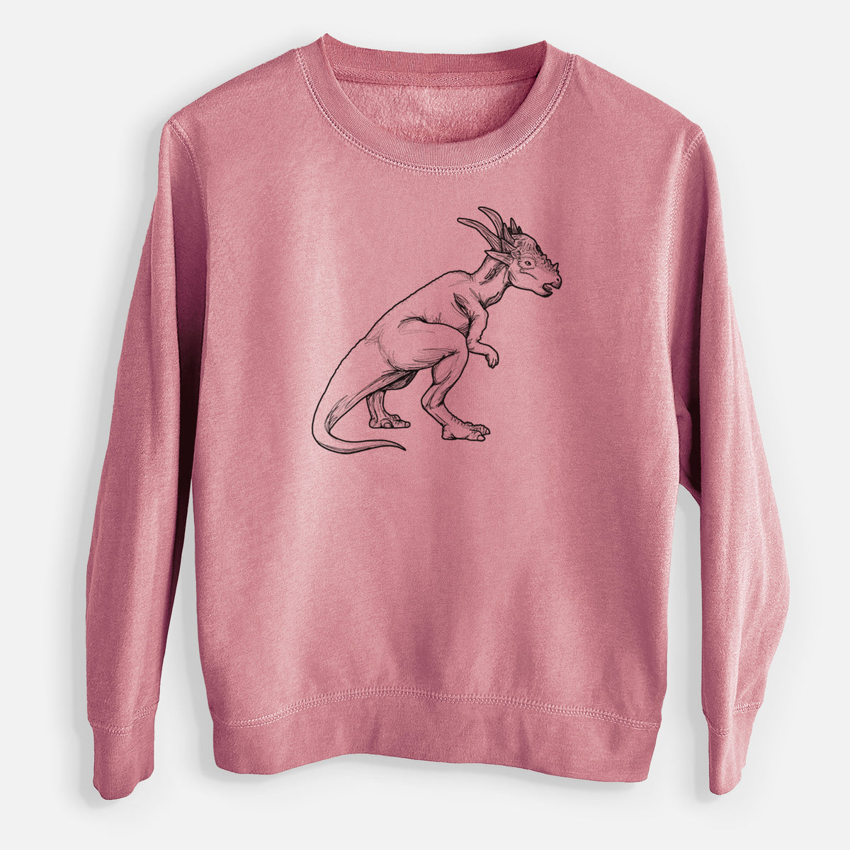 Mauve pink youth crewneck sweatshirt laid flat, printed with a black ink illustration of a Stygimoloch dinosaur with a spiky domed head.