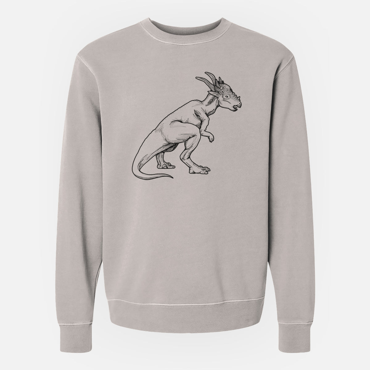 Cement grey pigment dyed crewneck sweatshirt laid flat, printed with a black ink illustration of a Stygimoloch dinosaur with a spiky domed head.