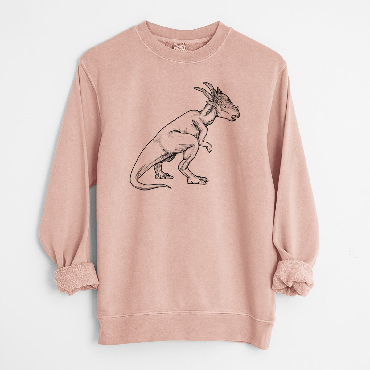 Dusty pink pigment dyed crewneck sweatshirt laid flat with the sleeves rolled, printed with a black ink illustration of a Stygimoloch dinosaur with a spiky domed head.
