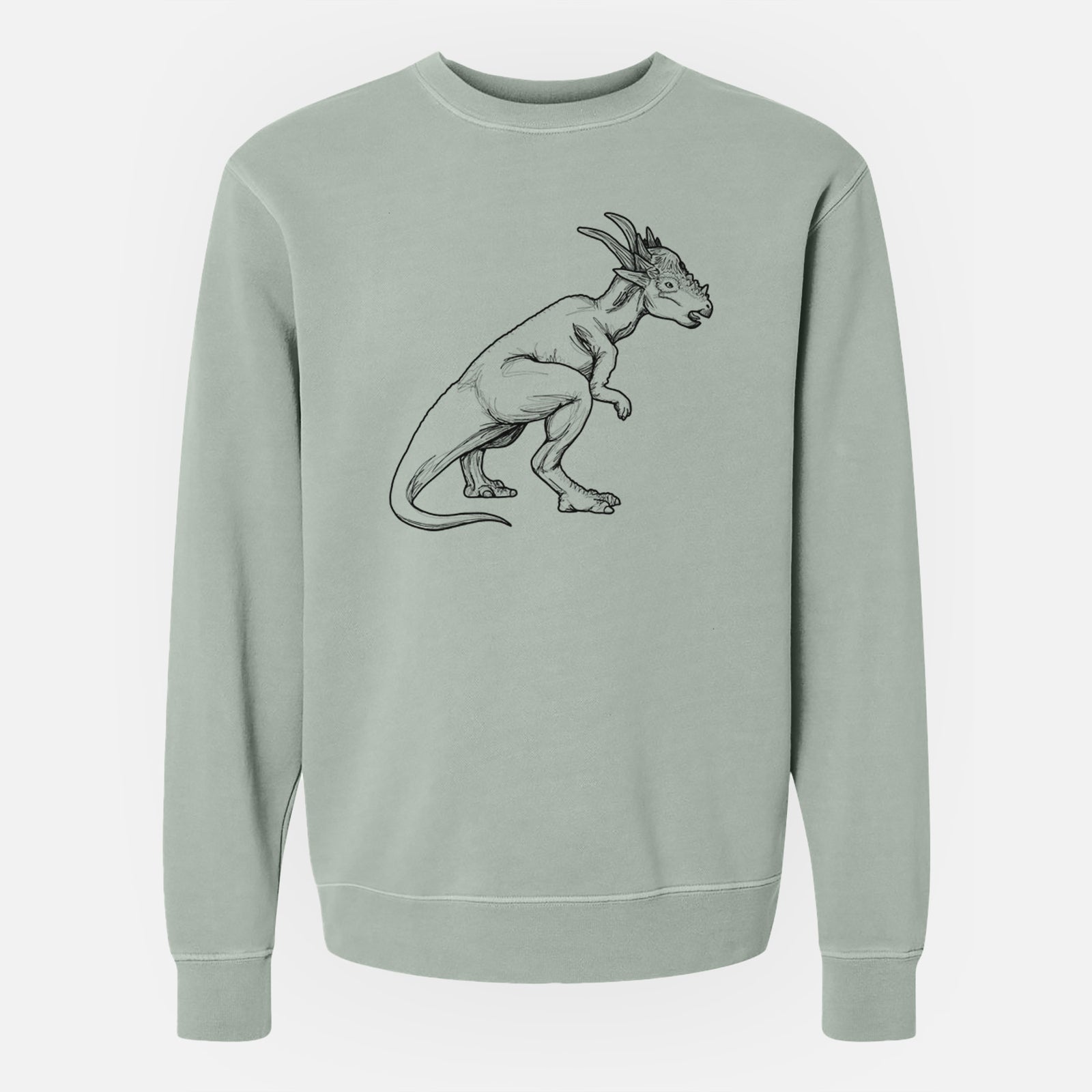 Sage green pigment dyed crewneck sweatshirt laid flat, printed with a black ink illustration of a Stygimoloch dinosaur with a spiky domed head.
