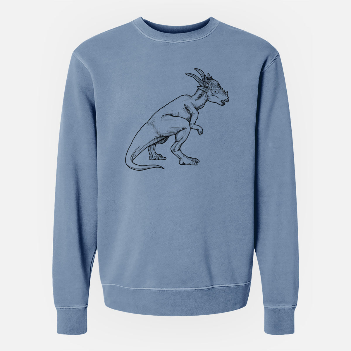 Slate blue pigment dyed crewneck sweatshirt laid flat, printed with a black ink illustration of a Stygimoloch dinosaur with a spiky domed head.