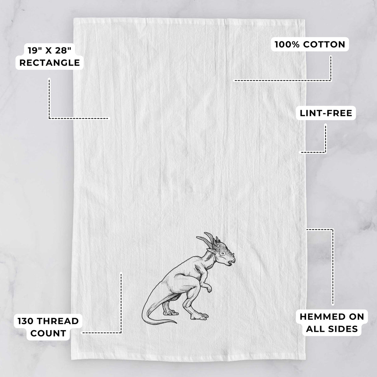 White tea towel printed with a black ink illustration of a Stygimoloch dinosaur with a spiky domed head, with feature labels: 19 by 28 inch rectangle, 100% cotton, lint-free, 130 thread count, hemmed on all sides.
