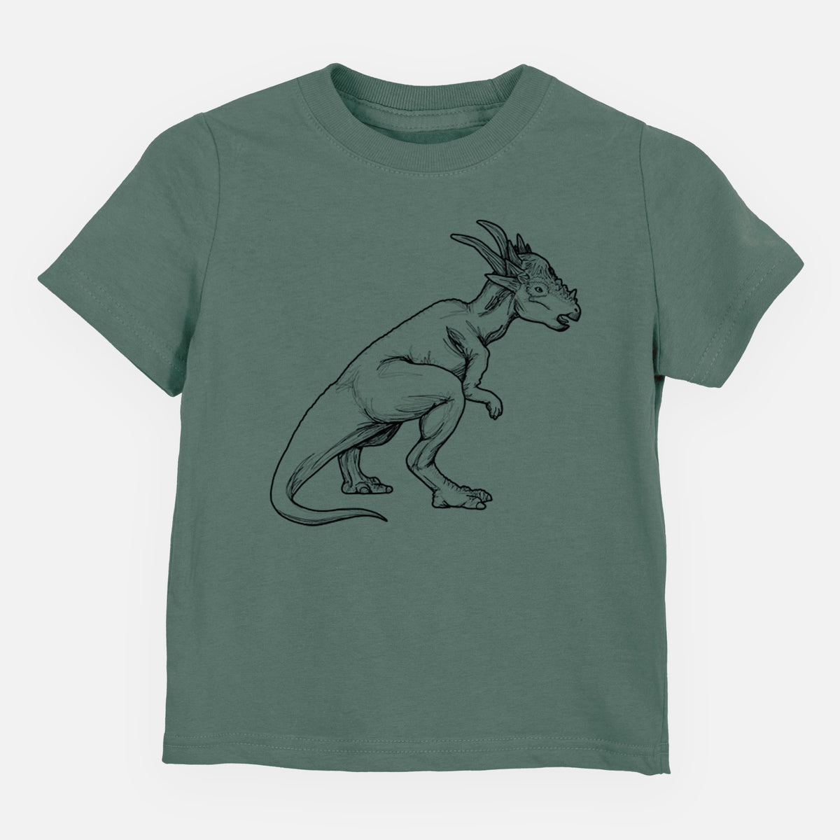 Basil green toddler t-shirt laid flat, printed with a black ink illustration of a Stygimoloch dinosaur with a spiky domed head.