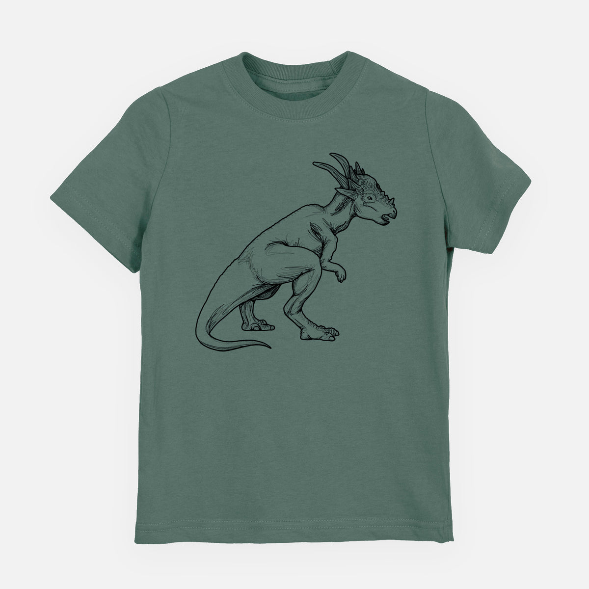 Basil green youth t-shirt laid flat, printed with a black ink illustration of a Stygimoloch dinosaur with a spiky domed head.